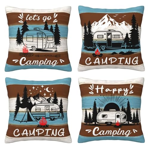 Camping Throw Pillow Covers 18 X 18 Inch Set of 4 Decorative Cushion Cover Home Decor for Sofa Chair Couch Bedroom Living Room - color: Camping
