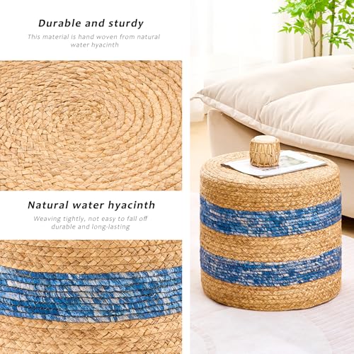 Handwoven Ottoman Pouf, Natural Water Hyacinth Footstool, Round Braided Outdoor Seat with Sturdy Frame, Boho Accent Stool for Patio, Balcony, or Garden (Blue) - color: Blue, size: 17.7"D x 17.7"W x 15.7"H