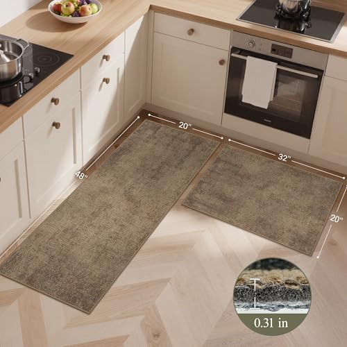 GENIMO Kitchen Mats for Floor 2PCS, Washable Absorbent Runner Rugs for Kitchen, 20"x48"+20"x32", Cushioned Non Slip Kitchen Rugs for Kitchen Floor, Standing Mat Rug for Home, Sink, Laundry, Jute - color: Jute, size: 20"x48"+20"x32"