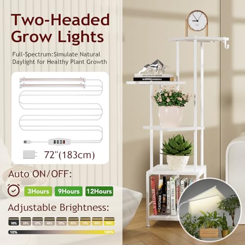 Homsorout Plant Stand Indoor with Grow Light - 5-Tier Metal Plant Shelf with Hanging Basket Hook, Corner Tall Flower Holder for Multiple Plants, Living Room Balcony Garden Patio, White - color: White, size: 5-Tier
