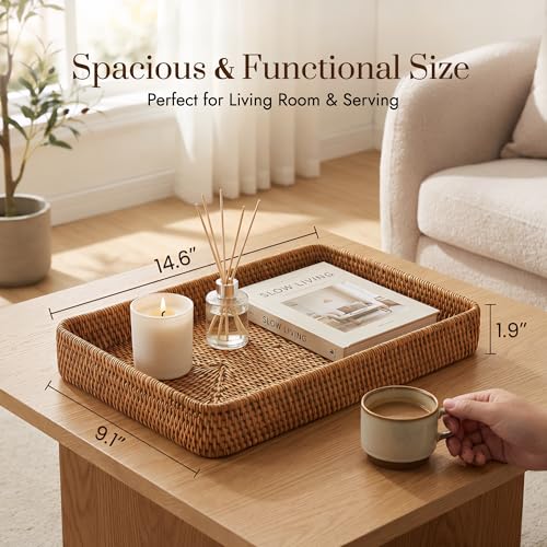 14.6" x 9.1" Large Wicker Storage Tray, Natural Rattan Basket Decorative Handwoven Rectangular Basket for Bread, Fruit, Toiletries,Towels & Home Organization (Natural M) - color: Natural M (14.6" × 9.1")