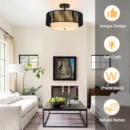 SineRise 16'' Rattan Flush Mount Ceiling Light Fixture,2-Tier Drum Hand-Woven Boho Flush Mount Ceiling Light,Farmhouse Light Fixture for Living Room,Kitchen,Bedroom Foyer Entryway ect.（Black） - color: Black, size: Large Ceiling