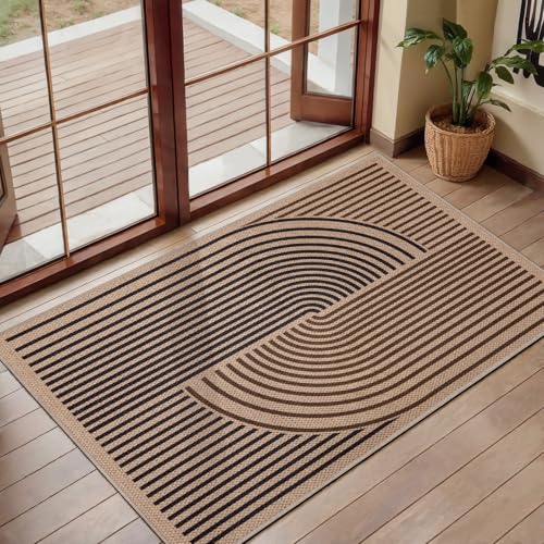 Tangsoo Rainbow Easy Jute Rug,2x3 Washable Small Area Rug for Entryway Non-Slip Ultra Thin Brown Black Outdoor Mat Modern Farmhouse Carpet for Entrance Kitchen Bedroom Front Porch Patio - color: Black/Brown, size: 2x3ft