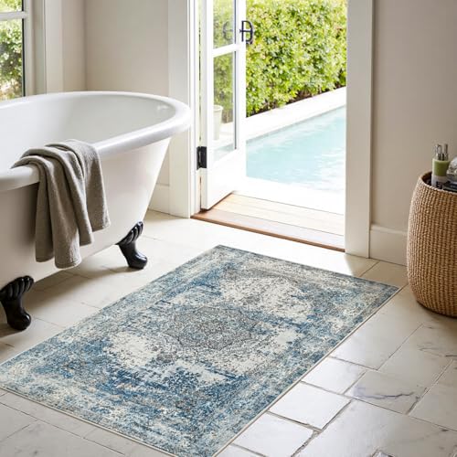 jinchan Area Rug 3x5 Washable Doormat Vintage Distressed Rug Door Mat Indoor Entrance Thin Traditional Gray Floral Lightweight Non Slip Carpet for Kitchen Bedroom Living Room Blue - color: Vintage Blue, size: 3' x 5' (Rectangular)