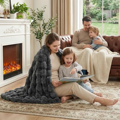JONIYEAR Large Solid Thick Bubble Faux Rabbit Fur Bed Blanket Queen Size 80" x 90", Decorative Cute Cozy Fluffy Gray Warm Blanket for Winter,Reversible Big Luxe Fuzzy Comfy Shaggy Furry Blankets, Grey - color: Grey - 900gsm, size: Queen Size - 80" x 90"