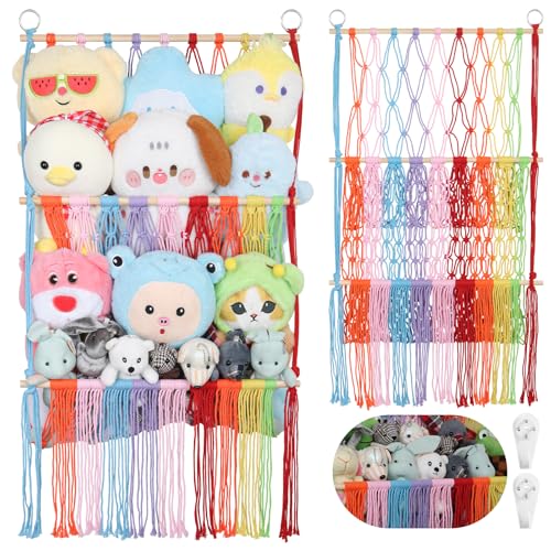 2 Tier Stuffed Animal Storage Shelf Net, 17x32Inch Large Stuffed Animal Organizer Holder Display for Mini Medium Stuffy, Rainbow Boho Macrame Wall Plushies Stuffy Storage for Nursery Decor - color: Rainbow, size: Large-2 Tier-17x32 Inch