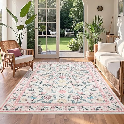 GarveeHome Floral Washable Rug 4x6, Non-Slip Low Pile Botanical Carpet, Vintage Farmhouse Area Rug for Bedroom Nursery Kids Room Home Decor, Pink - color: Pink, size: 4' x 6' (Rectangular)