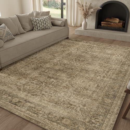 FMFUNCTEX 5x7 Washable Area Rug Neutral Vintage Brown Non Slip Low Pile Traditional Indoor Carpet for Living Room Bedroom Soft Retro Floral Mat Throw Rug for Dining Office Kitchen Dorm Entryway - color: Brown, size: 5' x 7' (Rectangular)