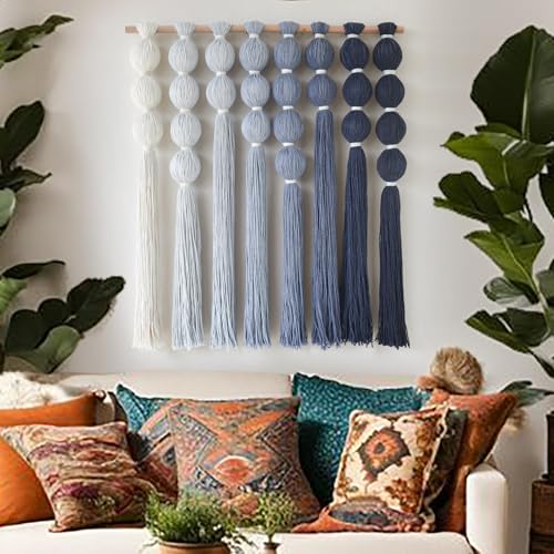 IOWER Macrame Wall Hanging Blue Yarn Wall Art Tassel Wall Decor with Knotted Ball Design Bohemian Wall Decor for Living Room Bedroom Home Backdrop 27" W x 31" L - color: Blue