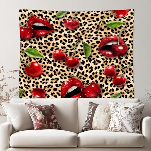 Cinbloo Cheetah Leopard Tapestry 59Wx51H Inch Lips Cherry Red Burgundy Brown Wall Hanging for Womwn Girly Girls Fashion Cute Classroom Home Dorm Decor Art Living Room Bedroom - color: C-Red Brown