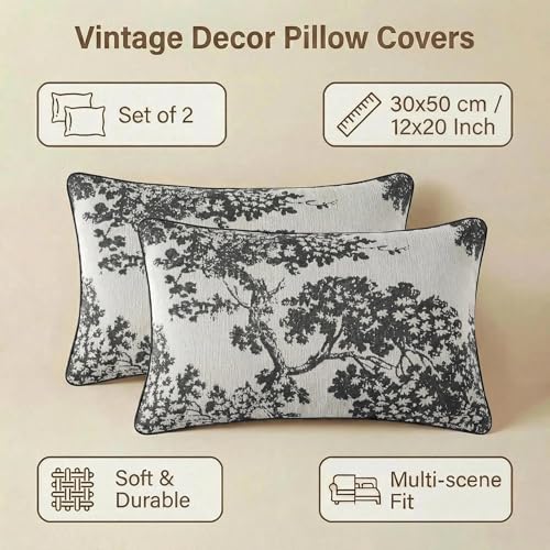 Mantle & Mason Floral 12x20 Lumbar Pillow Covers Set of 2, French Vintage Woven Jacquard Decorative Accent Pillow Cases for Couch, 430GSM Thick Chenille & Luxury Velvet, Black - color: Tree Pattern Black, size: 20" x 12" (Pack of 2)