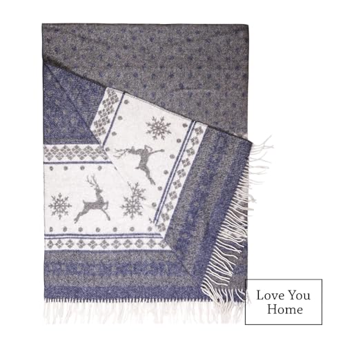 LYHome Merino Wool Blanket - Warm Throw for Cold Weather, Warmest Travel Outdoor Camping Blankets, Picnic Army and Military Throws, Comforter Soft & Cozy (55" x 79" Navy Blue with White Raindeers) - color: Navy Blue With White Raindeers