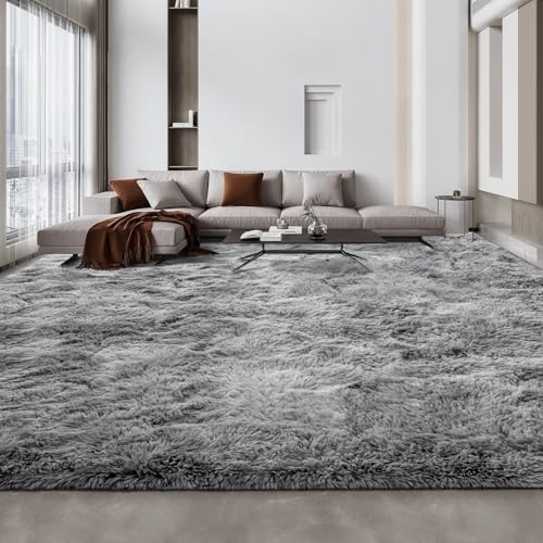 Deerhoo Large Shag Area Rugs 10 x 14, Tie-Dyed Plush Fuzzy Rugs for Living Room, Ultra Soft Fluffy Furry Rug for Bedroom, Anti-Skid Indoor Carpet Nursery Rugs for Kids Room Home Decor, Light Grey - color: Tie-dyed Light Grey, size: 10 x 14 ft