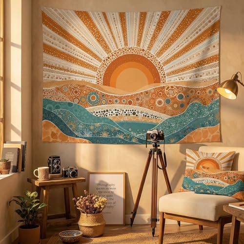 Kanuyee Boho Desert Sunrise Wall Tapestry, Abstract Pointillism Landscape Art Tapestries for Room Decor, Modern Sahara Tapestry 80"x60" - color: Ochre, size: 80"L x 60"W