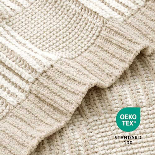 Amélie Home Knit Throw Blanket, Soft Chenille Cozy Breathable Dual Tone Checkered Chunky Decorative Blanket for Couch, Bed & Sofa, French Lightweight Warm Gift for Women, Beige, 60"x80" - color: Checkered Beige&ivory, size: Dual Tone Checkered Knit 60"x80