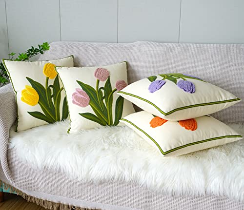 vctops Farmhouse Tulip Cotton Tufted Throw Pillow Cover Spring Floral Embroidery Pillowcase Soft Square Cushion Case for Sofa Couch Bed Chair (Yellow,18"x18") - color: Yellow