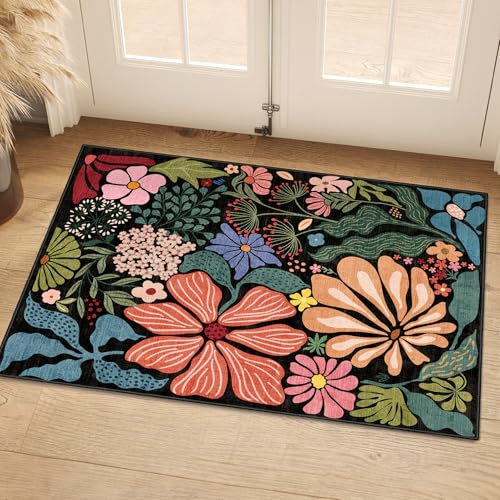 MUJOO Floral 2x3 Washable Rug Black Small Area Rugs for Entryway Kitchen Bathroom,Non Slip Throw Carpet for Bedroom Entrance Door Mat Boho Modern Abstract Botanical Flower - color: Black（colorful）, size: 2' x 3' (Rectangular)