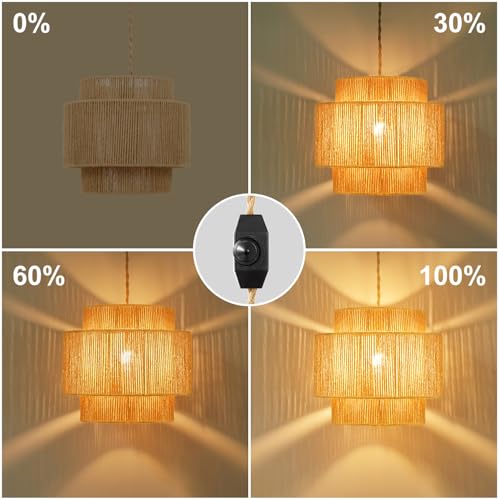 plug in pendant light rattan hanging lamp with 14.7ft Hemp Rope，Dimmable boho pendant lamp with adjustable cord，high output wicker hanging light plug in Woven Shade for Bedroom Dinning Kitchen - size: 3 tier HL-8