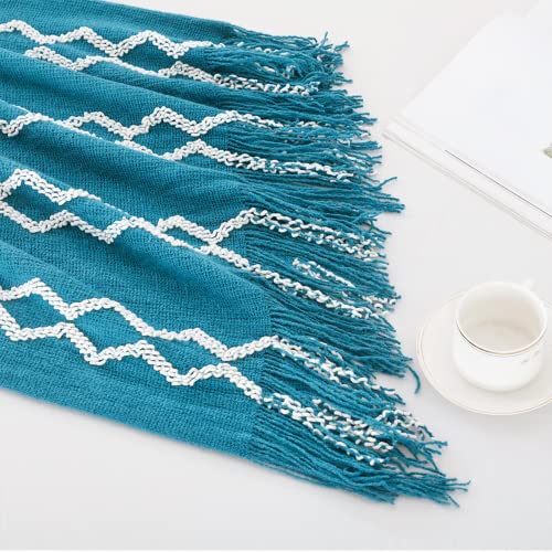 BOURINA Fluffy Chenille Knitted Fringe Throw Blanket Lightweight Soft Cozy for Bed Sofa Chair Throw Blankets Teal 60" x 80" - color: A-teal, size: 60"×80"