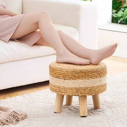 Handwoven Round Ottoman, Natural Water Hyacinth Outdoor Patio Pouf Seagrass Low Stool with Wood Legs, Soft Padded Footrest for Living Room Bedroom Garden, White - color: White, size: 13"D x 13"W x 10.6"H