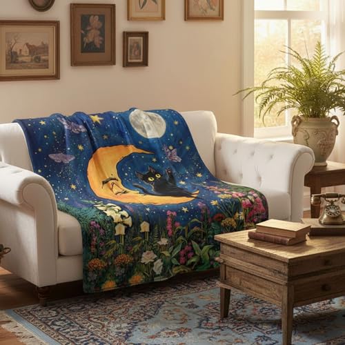 Neasow Black Cat Moon Throw Blanket, Whimsical Colorful Floral Starry Night Wildflower Garden Flannel Blanket, Super Soft for Couch Dorm Sofa Room, Unique Gift for Cat Lovers, 50×60 inch - color: Cat on Moon, size: 60"L x 50"W