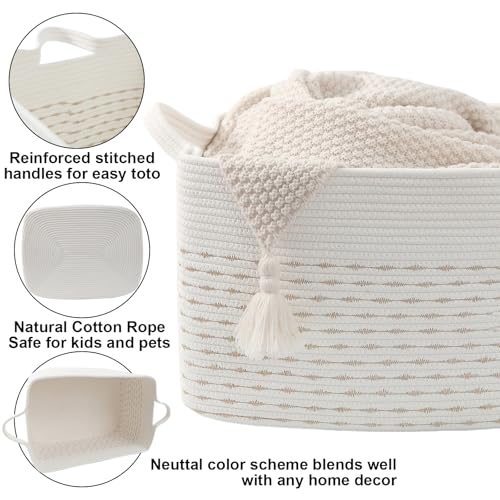 96L Large Blanket Basket,24"x16"x15"Rectangle Storage Bin with Handles,Woven Rope Laundry Basket for Toys, Clothes,Magazines,Home Organization,Nursery,Living Room & Bedroom,White&Yellow - color: White & Yellow, size: 24"x16"x15"(96L)
