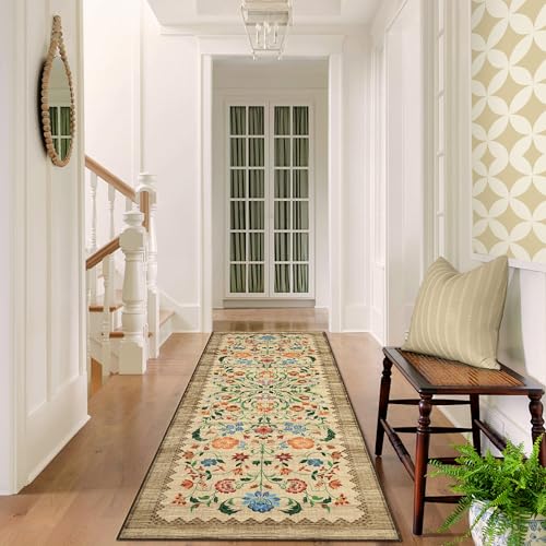 GarveeHome Floral Rug 2.5x8 Runners for Hallways, Boho Kitchen Runner Rugs Non Slip Bath Runners, Vintage Washable Runner Rug for Bedroom, Soft Long Rugs for Entryway Bathroom Laundry Dorm, Beige - color: C Brown, size: 2'6" x 8' (Runner)