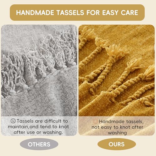 BATTILO HOME Mustard Yellow Chenille Throw Blanket for Couch, Soft Cozy Textured Knit Throw Blanket with Handmade Fringe Tassels, Lightweight Decorative Farmhouse Blanket for Sofa Bed Chair, 50"x60" - color: Mustard