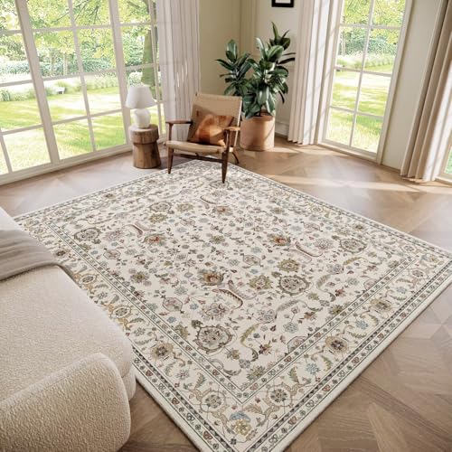 Washable 5x7 Area Rugs for Living Room, Boho Non-Slip Vintage Rugs for Bedroom Dining Room Nursery Office, 0.3" Neutral Oriental Throw Thin Carpet with Cushioning Pad, Beige/Rust/Multi, B1 - color: Beige/Rust/Green/Multi, size: 5' x 7' (Rectangular)
