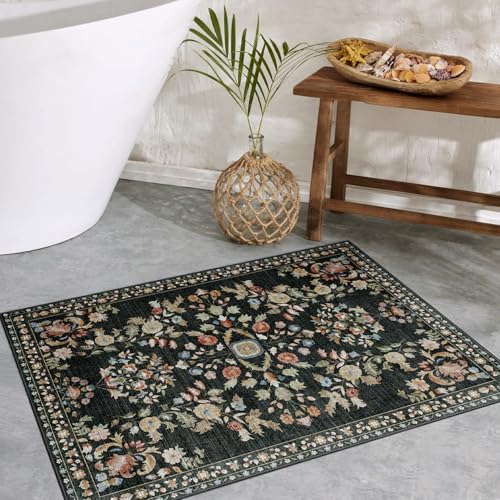 MUJOO Small Rug Washable,Black 2x3 Area Rugs for Entryway,Floral Front Door Mat Indoor Entrance Entry Way,Boho Kitchen Bathroom Floor Rug Throw Carpet Non Slip Low Pile Vintage - color: Black, size: 2' x 3' (Rectangular)