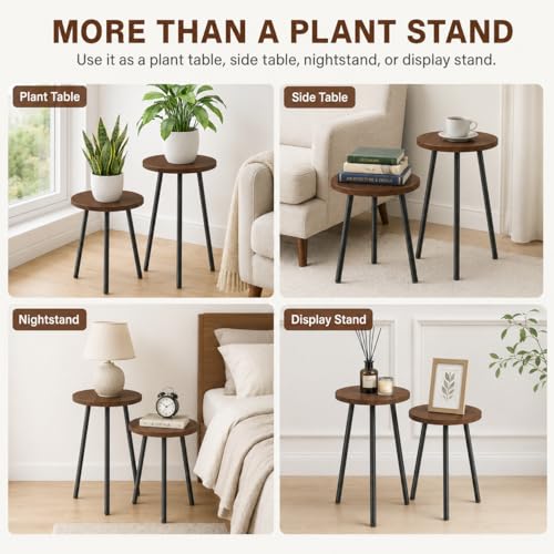 2 Pack Plant Stand Set: Small Round Plants Stand Indoor Wood Grain Plant Tables with Metal Legs - Indoor Outdoor Plant Stands for Living Room, Bedroom, Patio, Balcony, Brown, 150 lbs Capacity - color: Walnut, size: 14"&20"