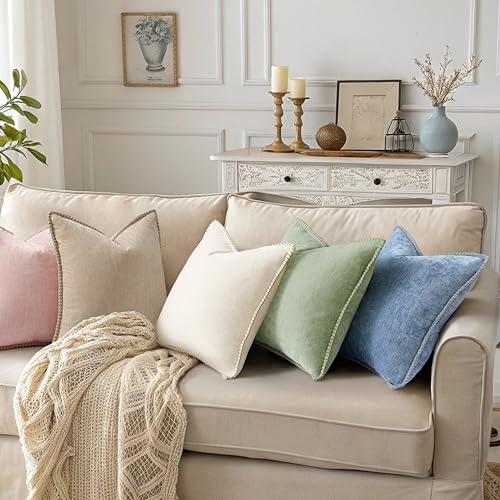 decorUhome Summer Chenille Soft Cozy Throw Pillow Covers 16x16 Set of 2, Modern Farmhouse Boho Velvet Decorative Pillow Cases with Stitched Edge for Couch Sofa Bed Home Decor, Beige - color: Beige, size: 16" x 16" (Pack of 2)