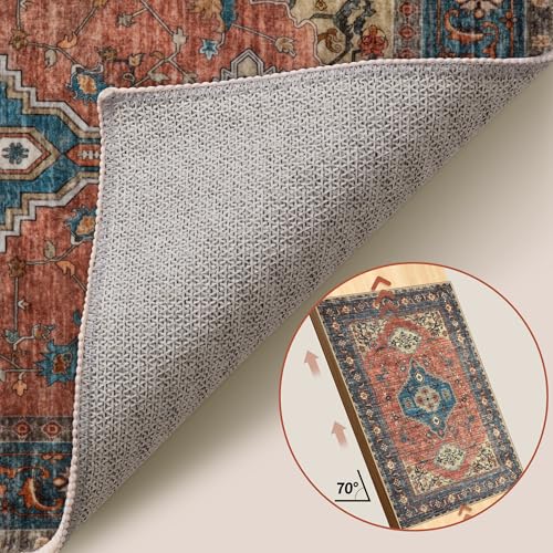 Tangsoo Oriental Washable Entryway Rugs Terracotta 2x3 Non Slip Small Area Rug, Vintage Indoor Front Door Rug, Print Door Mat Indoor Entrance Soft Low Pile Throw Rug for Entry Kitchen Bedroom - color: Terracotta/Blue, size: 2' X 3' (Rectangular)
