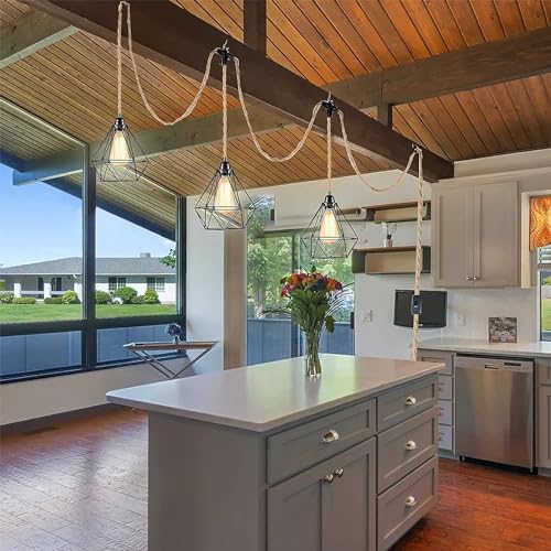 3-Light Hanging Light with Plug in Cord,Plug in Pendant Light 22ft Hemp Rope Pendant Lighting Vintage 3-Light Hanging Lamp Fixtures for Kitchen Island Living Room Bedroom - color: 3 Light