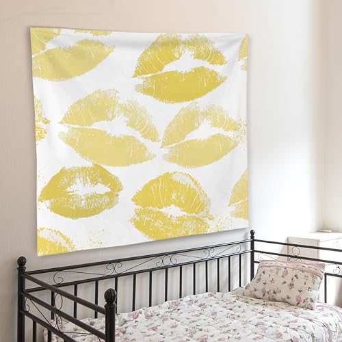 WNAGT Trendy Black and White Kiss Lips Tapestry Wall Hanging, Funky Makeup Wall Decor, Fashion Aesthetic Wall Blanket Decor for Girls Room College Dorm Makeup Room Beauty Room, 50x60 Inch - color: yellow