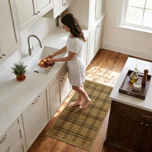 Jute 2x4 Entryway Plaid Rug: Washable Non Slip Hallway Rugs with Rubber Backing Pet-Friendly Easy Care Carpets Stain Resistant Runners for Laundry Entryway Bedroom Decor Brown - color: Brown Plaid, size: 2' x 4' (Rectangular)