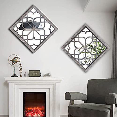 Wocred 2 PCS Square Wall Mirror,Gorgeous Rustic Farmhouse Accent Mirror,Barn Wood Color Entry Mirror for Bathroom Renovation,Bedrooms,Living Rooms and More(20”x20”) - color: Barn Wood Square, size: 20x20 inch - 2 PCS
