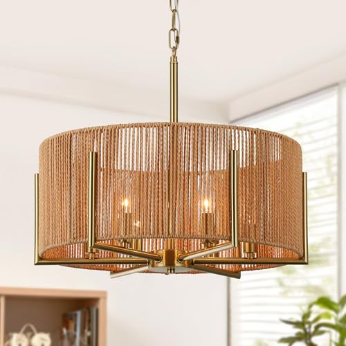 6-Light Hand-Woven Rattan Chandelier, 19.7" Farmhouse Boho Chandelier, Adjustable Rustic Wicker Ceiling Light Fixture for Dining Room Kitchen Island Bedroom Hallway Entryway - size: 19.7"