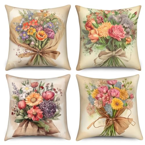 Vintage Bouquet Throw Pillow Covers, Colorful Flower Floral Decorative Pillow case, 4-Pack Double-Side Printed Pillowcases for Sofa and Living Room, 20x20 in - color: 24, size: 20" x 20" (Pack of 4)