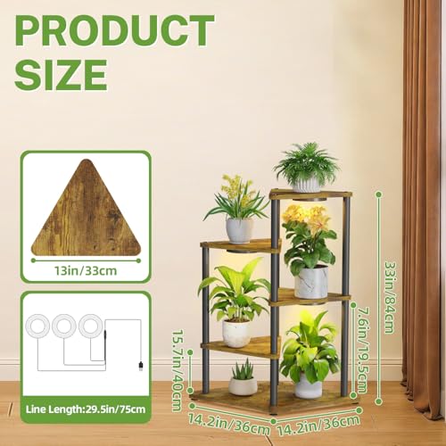 iDavosic.ly Tall Plant Stand with Grow Lights for Large & Heavy Duty Planters, 4 Tier Indoor Corner Flower Shelf with Wooden Trays & Metal Frame, Orchid Rack for Living Room Balcony, Black & Brown - size: 4 Tier with Light