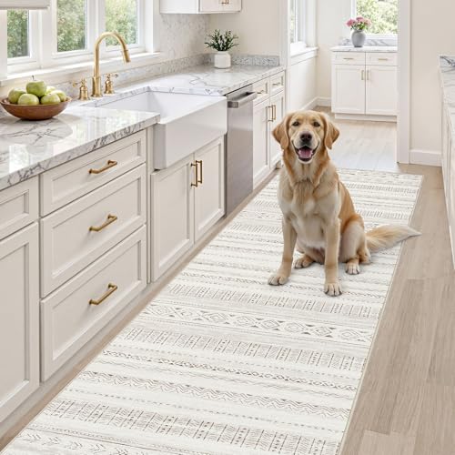 cotiled Hallway 2.6x8 Runner Rugs: Washable Boho Rugs with Non Slip Backing Large Soft Indoor Low Pile Carpet for Living Room Bedroom Farmhouse Dining Room Lightweight Home Decor L Brown/Cream - color: Light Brown/Cream, size: 2.6' x 8' (Runner)