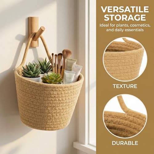 Khaki Cotton Rope Storage Baskets 3 Pack with Adhesive Hooks | 6.3"×6.3", Wall & Desktop Hanging, Nursery Organizer, For Plants, Keys, Office Supplies & Makeup - color: Khaki