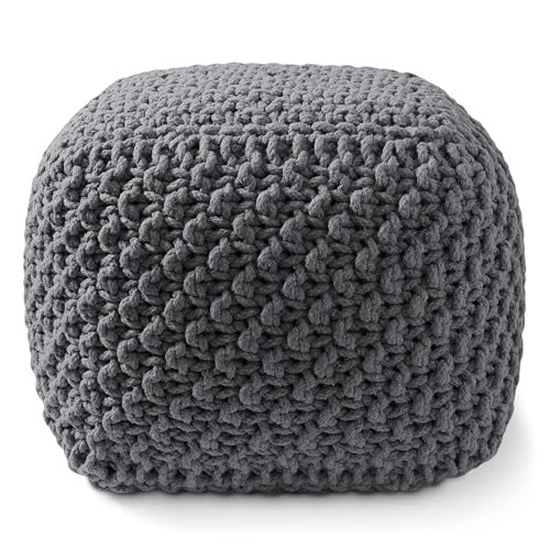Casafield Square Pouf Ottoman, Dark Gray 18.5" W x 18.5" D x 14.5" H Cotton Knit Foot Stool - Boho Floor Pouffe for Living Room, Bedroom, Home Office - color: Grey, size: 18.5"D x 18.5"W x 14.5"H