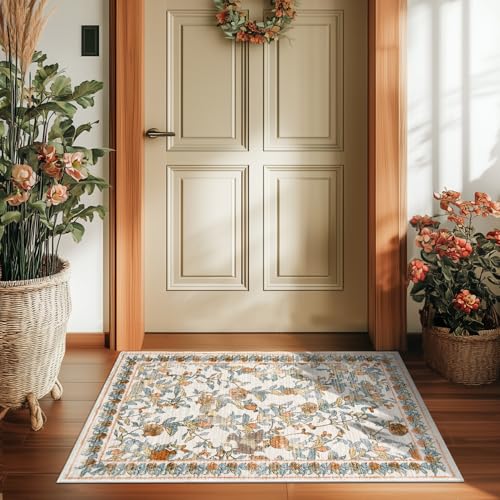 jinchan Eden Floral Area Rug 2x3 Entryway Vintage Washable Indoor Doormat Accent Rug Lightweight Soft Small Non-Slip Low-Profile Distressed Orange Fall Decor Carpet for Kitchen Bedroom Bathroom - color: Eden Orange, size: 2' x 3' (Rectangular)
