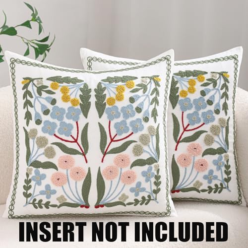 Embroidered Throw Pillow Covers 18x18 Pack of 2 Decorative Pillow Covers Blue Floral Pillowcases Farmhouse Pillow Cushion Cases Square Flower Pillow Case Summer Home Decor - color: Blue Floral