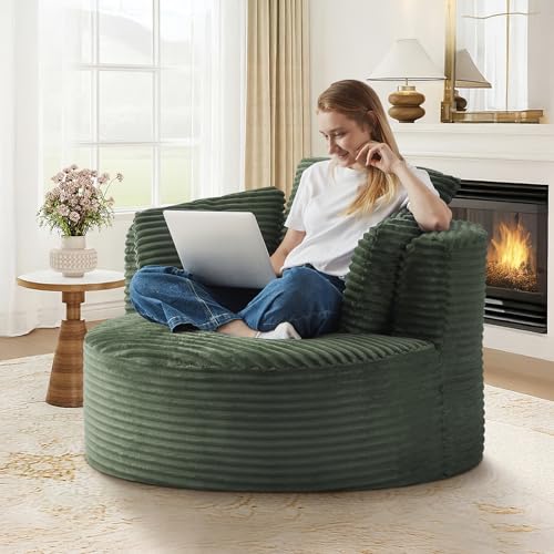 48"W Oversized Round Chaise Longue Chair Indoor,Corduroy Fluffy Comfy Cloud Chair,Circle Bean Bag Sofa with Foam Filling & Pillows,Boneless Reading Cozy Sofa Chairs for Living Room,Bedroom,Green - color: Green