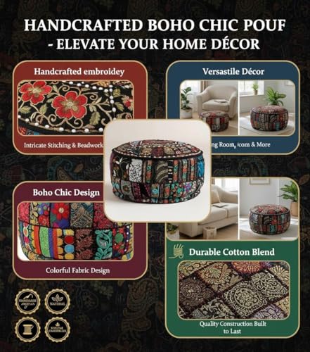 Bohemian Indian Patchwork Ottoman Pouf Cover – 18"x13" inch Round Cotton Embroidered Footstool Pillow – Vintage Ethnic Decor, Black (Cover Only) - color: Black, size: 18"D x 18"W x 13"H