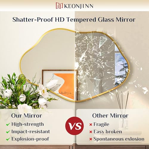 Keonjinn Gold Irregular Mirrors for Wall 16" x 28" Inch, Asymmetrical Metal Frame, Tempered Glass Decorative Mirror for Bathroom, Bedroom, Living Room, Entryway(Horizontal/Vertical) - color: Gold, size: 28"L x 16"W