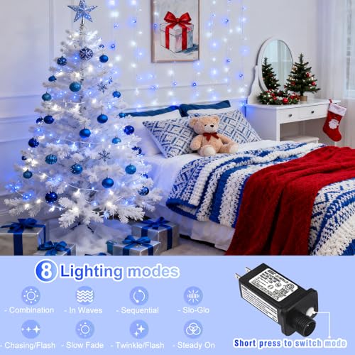 66FT 200 LED Outdoor String Lights, Plug in Christmas Lights Indoor Waterproof with 8 Modes, Connectable Clear Wire Twinkle Fairy Lights for House Patio Xmas Party Decorations, Blue and White - color: Blue and White, size: 66ft 200LED
