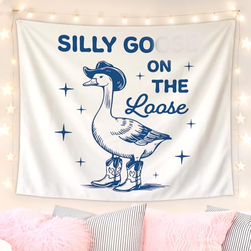 Lacama Blue Funny Tapestry, Cute Goose Tapestry for Bedroom Teen Girls Room College Dorm Apartment, Preppy College Dorm Decor, Sorry I’m late, Goose on the Loose Blanket for Friend 50x60 - color: silly goose-1-blue
